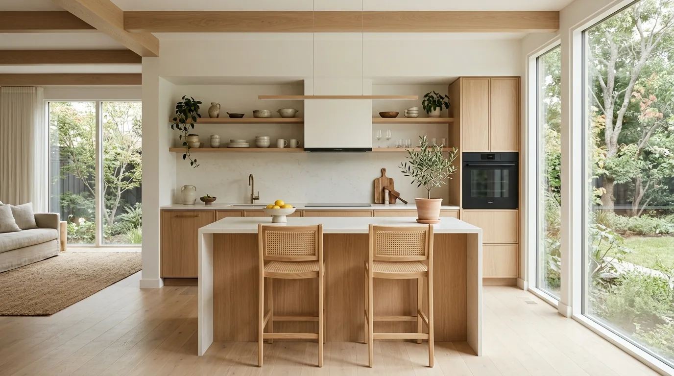 Finish with a kitchen that feels calm every day inspiration for a warm white and white oak kitchen.
